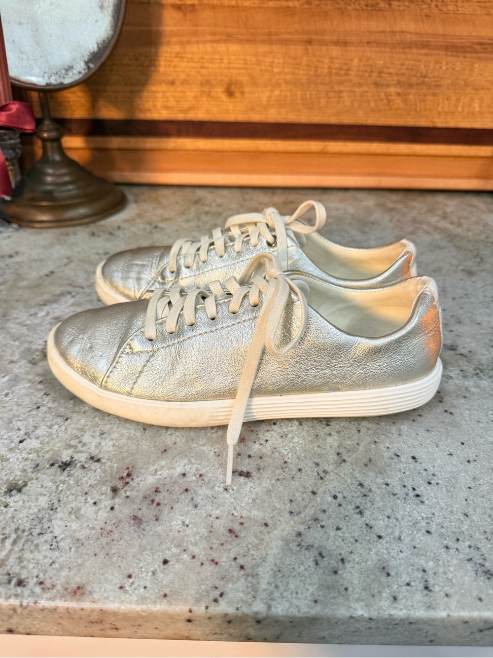 Cole Haan| Grand.ØS Silver Metallic Leather Sneakers| Size 5.5B - Picture 2 of 5